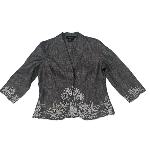 Peck & Peck Women's Gray 100% Linen Floral Embroidered Blazer Jacket Size 8 - Picture 1 of 10